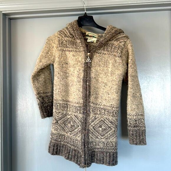 Aran Crafts 100% Wool Heavy Knit Long Front Zip Hoodie Gray Sweater Ireland XXS - Picture 1 of 6